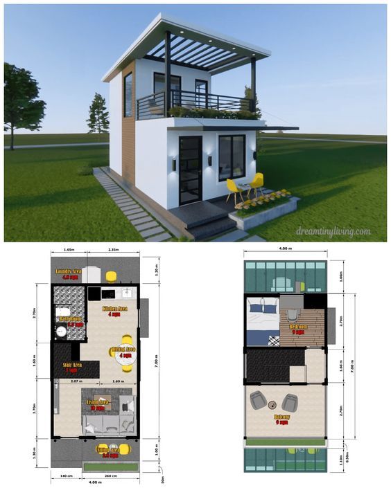 two story house plan with balcony and living room in the front, second floor bedroom on the back