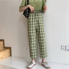 High Waist Colorful Plaid Pants – Tomscloth Retro Baggy Bottoms For Spring, Casual Cotton Spring Pants, Green Casual Pants With Elastic Waistband, Green Elastic Waistband Pants For Fall, Casual Green Cotton Bottoms, Green Pants With Elastic Waistband For Fall, Casual Green Pants With Elastic Waistband, Casual High Waist Green Pants, Casual Green Cotton Pants