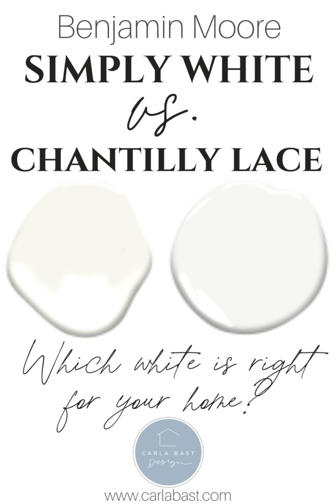 two white paint colors with the words, simply white and chantilly lace for your home