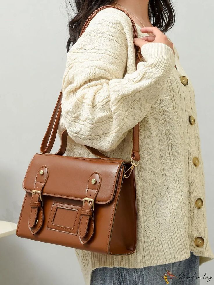 BirdinBag - Flap Square Bag with Stylish Buckle Decor Classic Crossbody Shoulder Bag For School, Elegant School Satchel, Brown Satchel Flap Bag With Hasp Closure, Classic Flap Shoulder Bag For School, Classic School Shoulder Bag With Adjustable Strap, Classic Shoulder Bag With Adjustable Strap For School, Elegant Shoulder Bag With Hasp Closure For School, Elegant School Shoulder Bag With Hasp Closure, Brown Flap Satchel With Hasp Closure