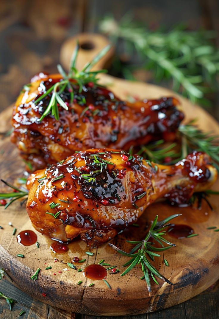 two chicken legs covered in bbq sauce and garnished with herbs on a cutting board