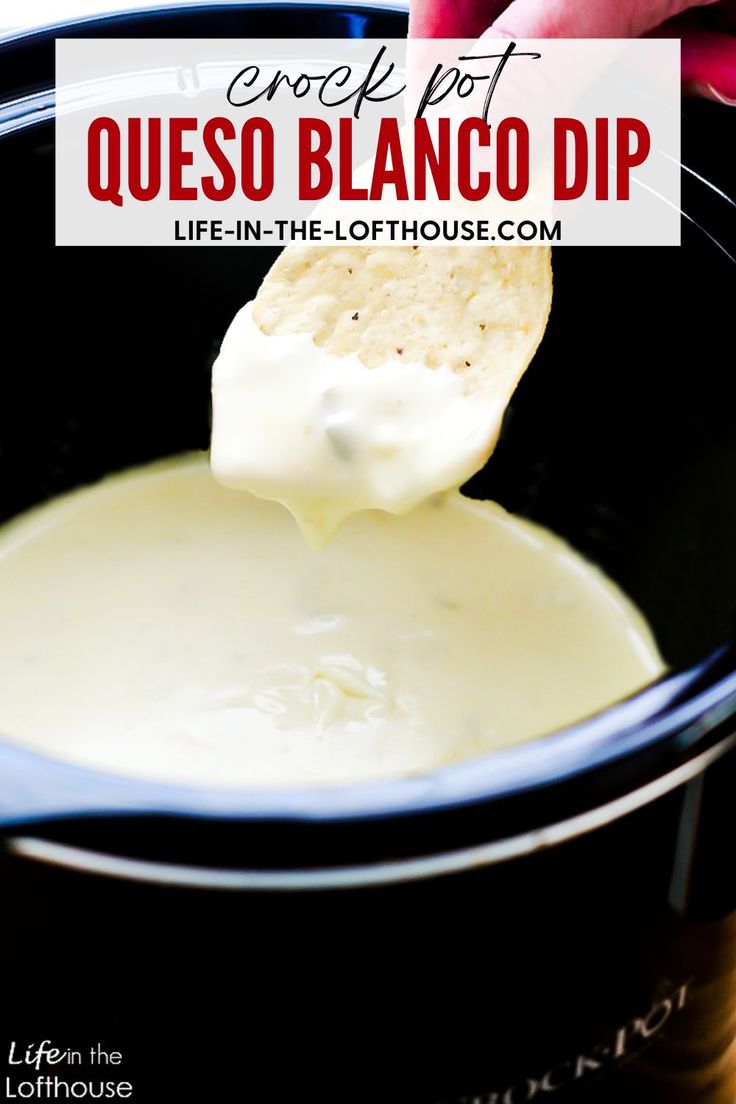 a hand dipping quesadilla into a slow cooker with text overlay that reads enjoy not queso blancco dip