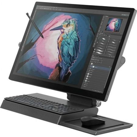 a desktop computer with a drawing on the screen and keyboard in front of it,