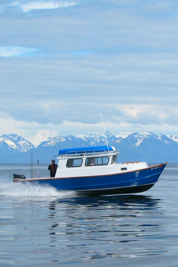 a blue and white boat traveling across the water with mountains in the background on a cloudy day