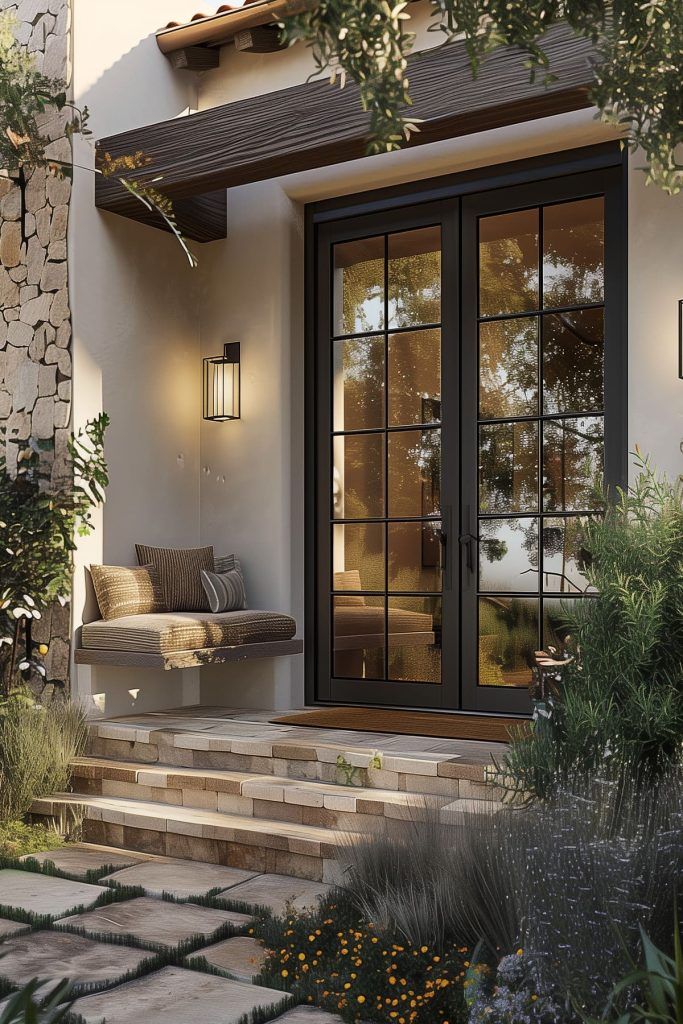 a patio with stone steps leading up to the front door and sitting area on either side