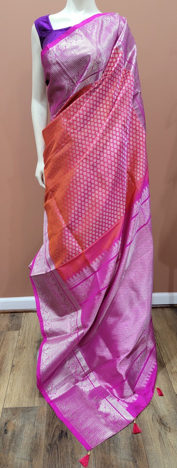 Attractive Venkatagiri Silk Saree in Red and Pink w/ Custom Blouse, for Custom Blouse pls contact us with the Blouse measurements and Blouse stitching is extra. Saree ships immediately within the US. Blouse ships two weeks after the measurements are provided. Tussar Silk Pre-draped Saree For Traditional Ceremonies, Pre-draped Saree For Puja Festivals, Orange Silk Pre-draped Saree, Fitted Red Cotton Silk Dupatta, Designer Red Cotton Silk Blouse Piece, Red Tissue Silk Blouse Piece With Cutdana, Red Tissue Silk Blouse Piece With Traditional Drape, Red Tissue Silk Blouse Piece With Pallu, Pre-draped Katan Silk Saree With Pallu