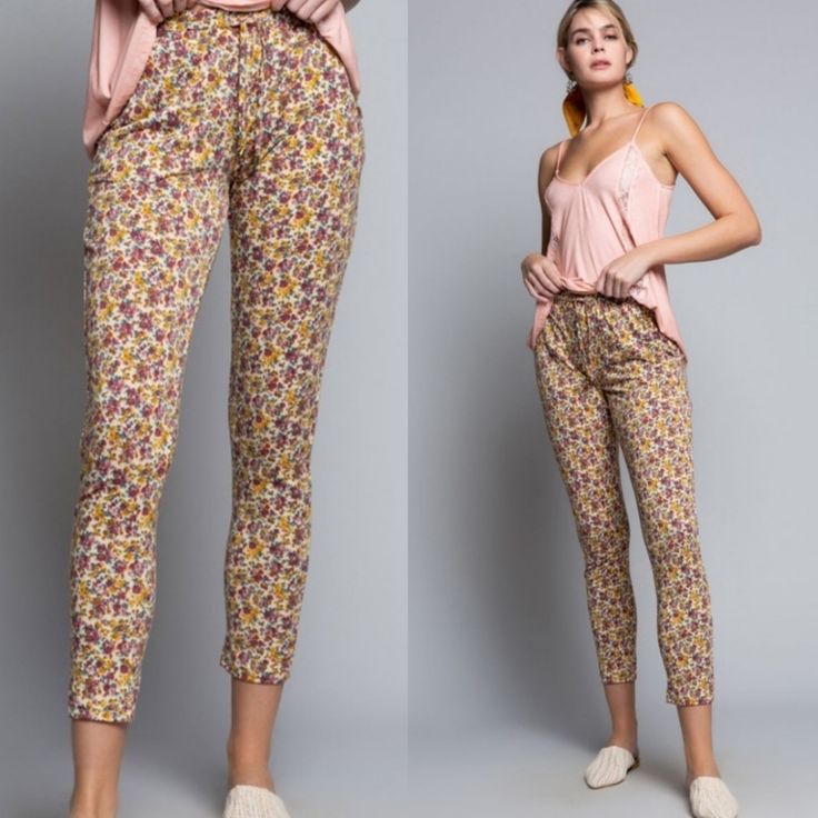 Cute Pair Of Boho Floral Pants From Pol Incredibly Soft & Comfortable Fabric That Feels Like A Medium Weight Jersey. Side Pockets & A Slim Fit With Just Enough Stretch. Back Pocket Flaps Are A Design Element, Not Actual Pockets. Has A Ruched Elastic Waistband & Functional Drawstring. Fits Like A Pair Of Joggers. 60% Cotton 35% Polyester 5% Spandex Models Are Wearing A Small Small: 38" Long 13" Waist Laid Flat Medium: 40" Long 14" Waist Laid Flat Tags: Joggers Lounge Wear Loungewear Boho Flowers Non-stretch Yellow Cotton Pants, Floral Print High-waisted Lounge Pants, Yellow Pants With Elastic Waistband, Yellow Straight Pants With Elastic Waistband, High Waist Floral Print Loungewear Bottoms, High Waist Floral Print Bottoms For Loungewear, Multicolor Bottoms For Spring Daywear, Yellow Relaxed Fit Ankle-length Pants, Yellow Ankle-length Pants With Elastic Waistband