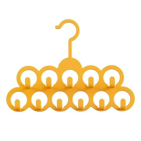 a yellow plastic hanger with eight hooks and an umbrella on the top, in front of a white background