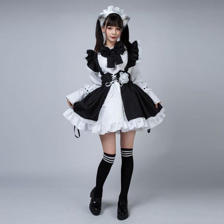 Maid Anime Dress Black and White Apron Dress Lolita Dress Cosplay Costume is only 29.98, shipping all over the world. Goth Maid, Battle Maid, Maid Outfit Anime, Dreamy Gowns, Floral Embellishment, Black Apron, White Apron, Maid Outfit, Lace Decor