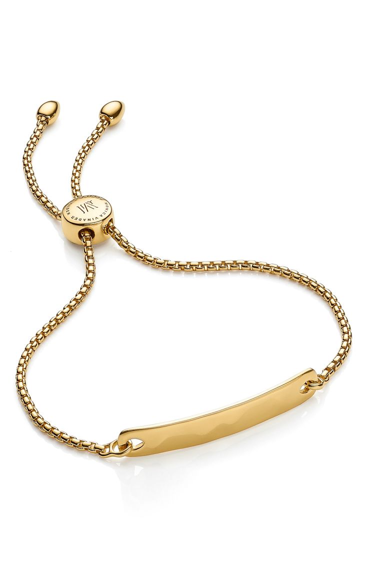 This slider bracelet boasts a slender and metal bar with a wavy, reflective finish that's inspired by the vibrancy of Havana, Cuba. The simplistic design makes this bracelet perfect for layering with other styles or wearing on its own. 1/4"W x 1 1/4"L bar Adjustable slide closure Sterling silver or sterling silver with 18k-gold plate Made in the UK Adjustable Everyday Jewelry With Shiny Finish, Sleek Adjustable Jewelry With Polished Finish, Timeless Adjustable Gold Bracelet With Polished Finish, Adjustable Minimalist Gold Bracelet With Polished Finish, Adjustable Yellow Gold Chain Bracelet With Polished Finish, Adjustable Polished Yellow Gold Chain Bracelet, Sleek Adjustable Gold Jewelry, Adjustable Gold Chain Bracelet With Polished Finish, Timeless Adjustable Chain Bracelet With Polished Finish