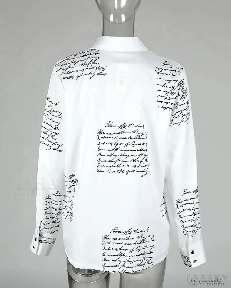 Lasaky - Casual Letter Print Long Sleeve Shirt Spring Collared Tops With Letter Print, Spring Collared Top With Letter Print, Long Sleeve Graphic Print Shirt For Work, Graphic Print Long Sleeve Shirt For Work, Graphic Print Long Sleeve Work Shirt, Fall Workwear Tops With Letter Print, Collared Graphic Print Top For Fall, White Printed Long Sleeve Shirt, Casual Long Sleeve Blouse With Letter Print