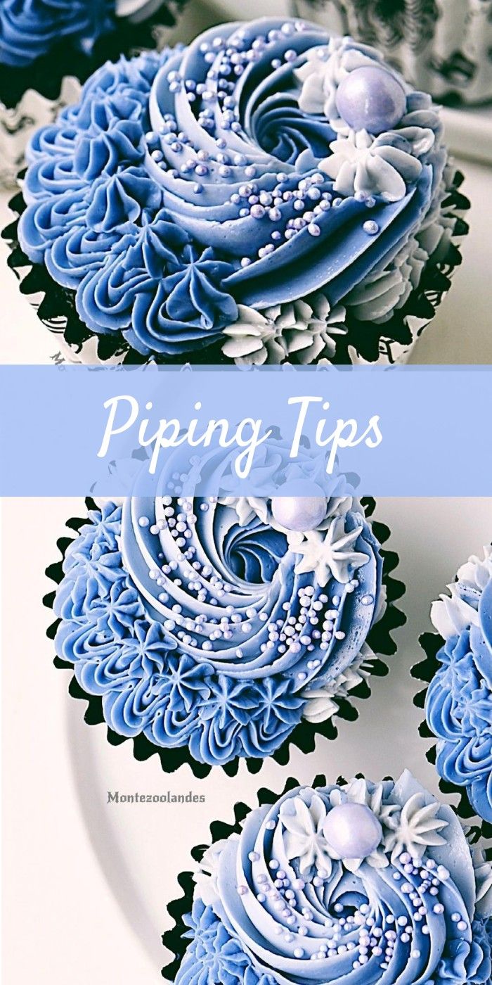 some blue cupcakes with white frosting on them and the words piping tips