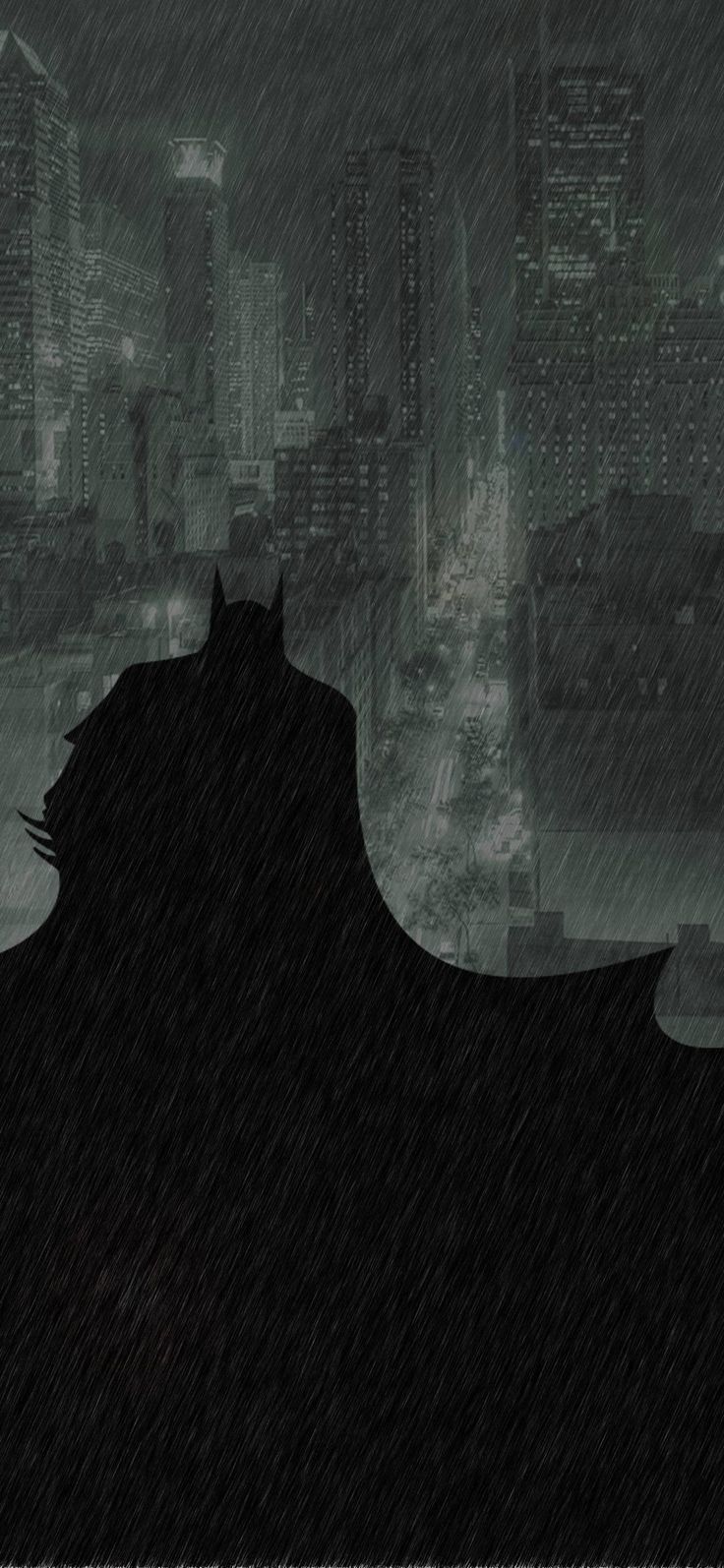 batman silhouette in the rain with cityscape behind him and buildings on either side