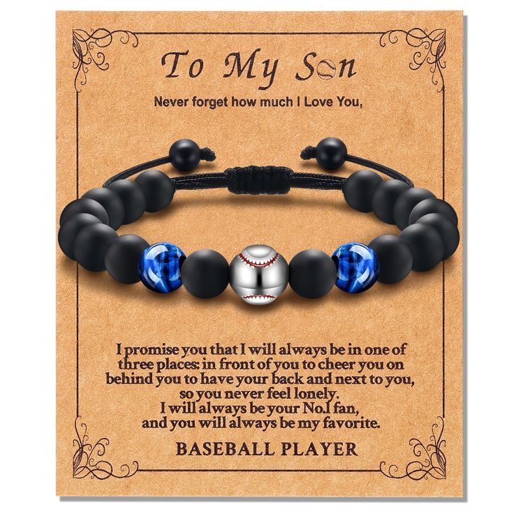 a baseball bracelet with two blue glass beads and a message to my son on it