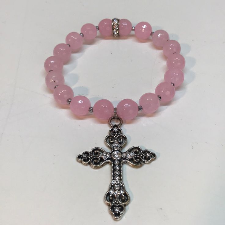 Pink Beaded Bracelet Silvertone Rhinestone Cross Handmade Stretch Band Medium Size Wrist Never Worn Pink Beaded Bracelet, Cross Bracelets, Pink Beaded Bracelets, Rhinestone Cross, Pink Beaded, Stretch Band, Stretch Bands, Decor Essentials, Bracelet Ideas