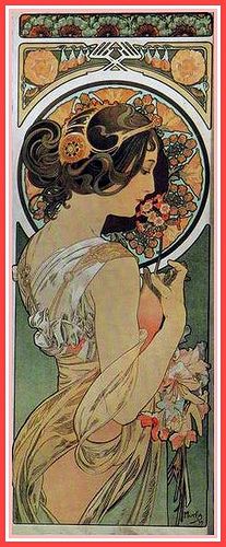 an art nouveau poster with a woman holding flowers