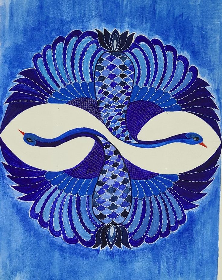 a blue and white painting with two swans on it