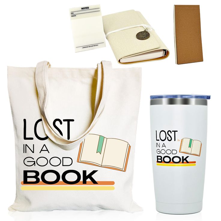 a tote bag, coffee cup, and book are on display with the words lost in a good book