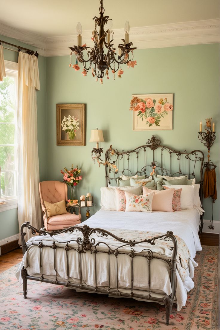 a bed sitting in a bedroom under a chandelier next to a chair and window