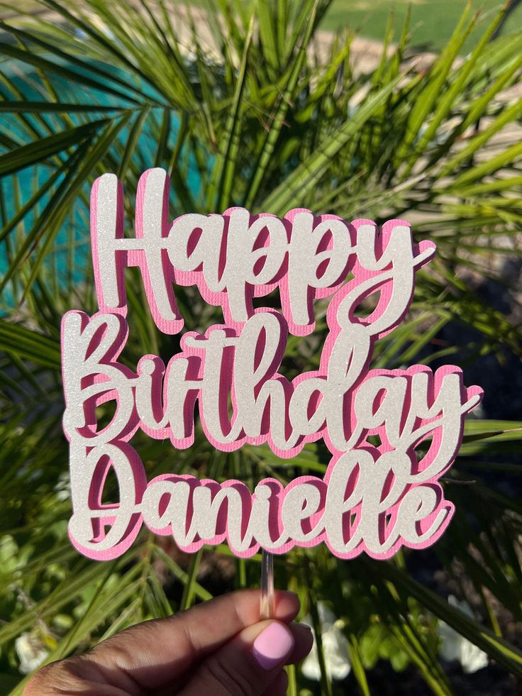 someone holding up a happy birthday cake topper in front of a palm tree with the words happy birthday danielle on it