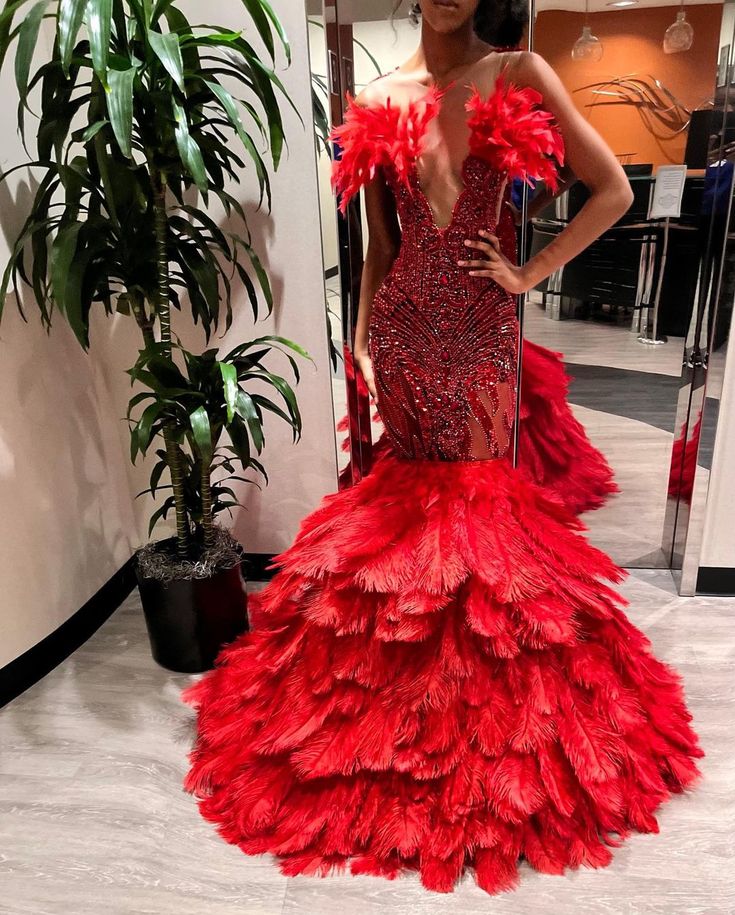 Plush La'Mode Designs on Instagram: �“MASTERPIECE 🌹Red HAWT fully beaded ostrich feather couture gown. ✨ What should we name this beauty? 🥰 #prom2022 #promdress…” Different Prom Dresses, Feather Prom Dress, Crystal Dress, Sequin Prom Dress, Prom Girl Dresses, Prom Poses, Pageant Gowns, Pageant Dress, Pink Gowns