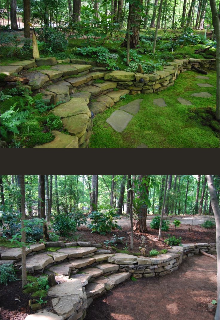 two different views of a stone path in the woods, one with steps leading up to it