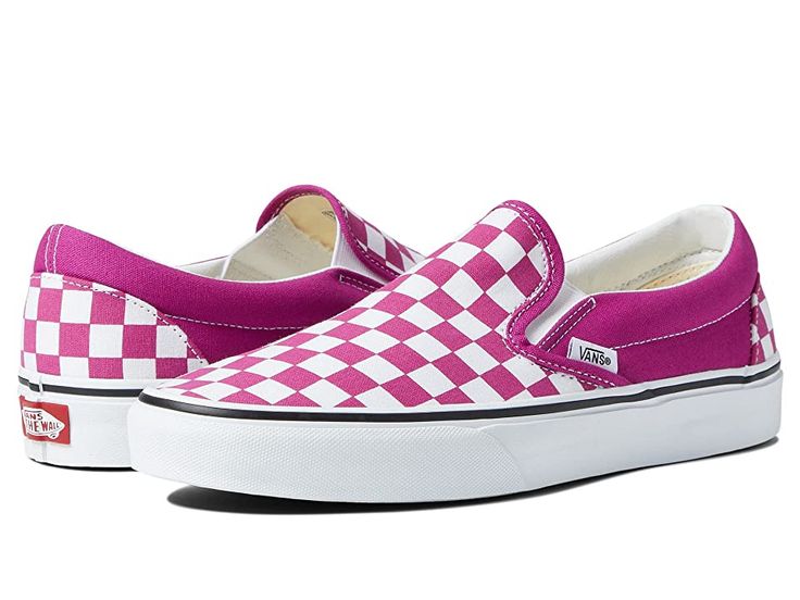 Vans Classic Slip-On - Skate Shoes : (Checkerboard) Fuchsia Red/True White : The one that started it all - the tried-and-true style and laid-back profile of the Vans Classic Slip-On shoes. Slip-on sneakers with uppers of canvas, leather, or suede. Durable upper for long lasting wear. Padded collar and footbed for added comfort, fit, and superior shock absorption. Cotton drill lining for excellent breathability and extra comfort. Die-cut EVA insert for added support. Vulcanized construction: • Sl Low-top Slip-ons With Rubber Sole For Streetwear, Low-top Rubber Sole Slip-ons For Streetwear, Vans Low-top Slip-on Sneakers For Streetwear, High-top Slip-ons With Vulcanized Sole For Streetwear, Vans Low-top Slip-ons For Streetwear, Streetwear Sneakers With Contrast Sole And Slip-on Design, Sporty Vans Slip-ons With Rubber Sole, Slip-on Sneakers By Vans, Slip-on Vans Sneakers