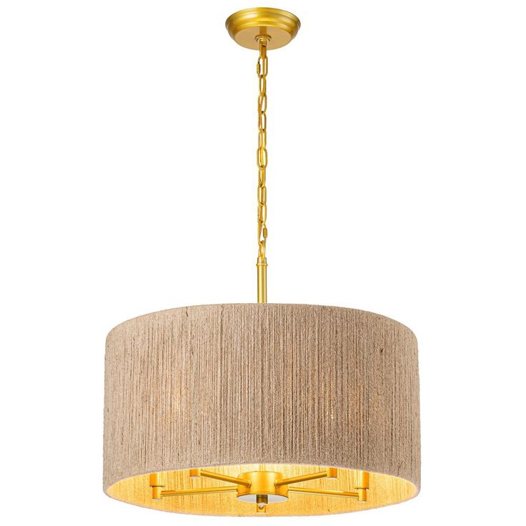 a gold chandelier with a beige fabric shade