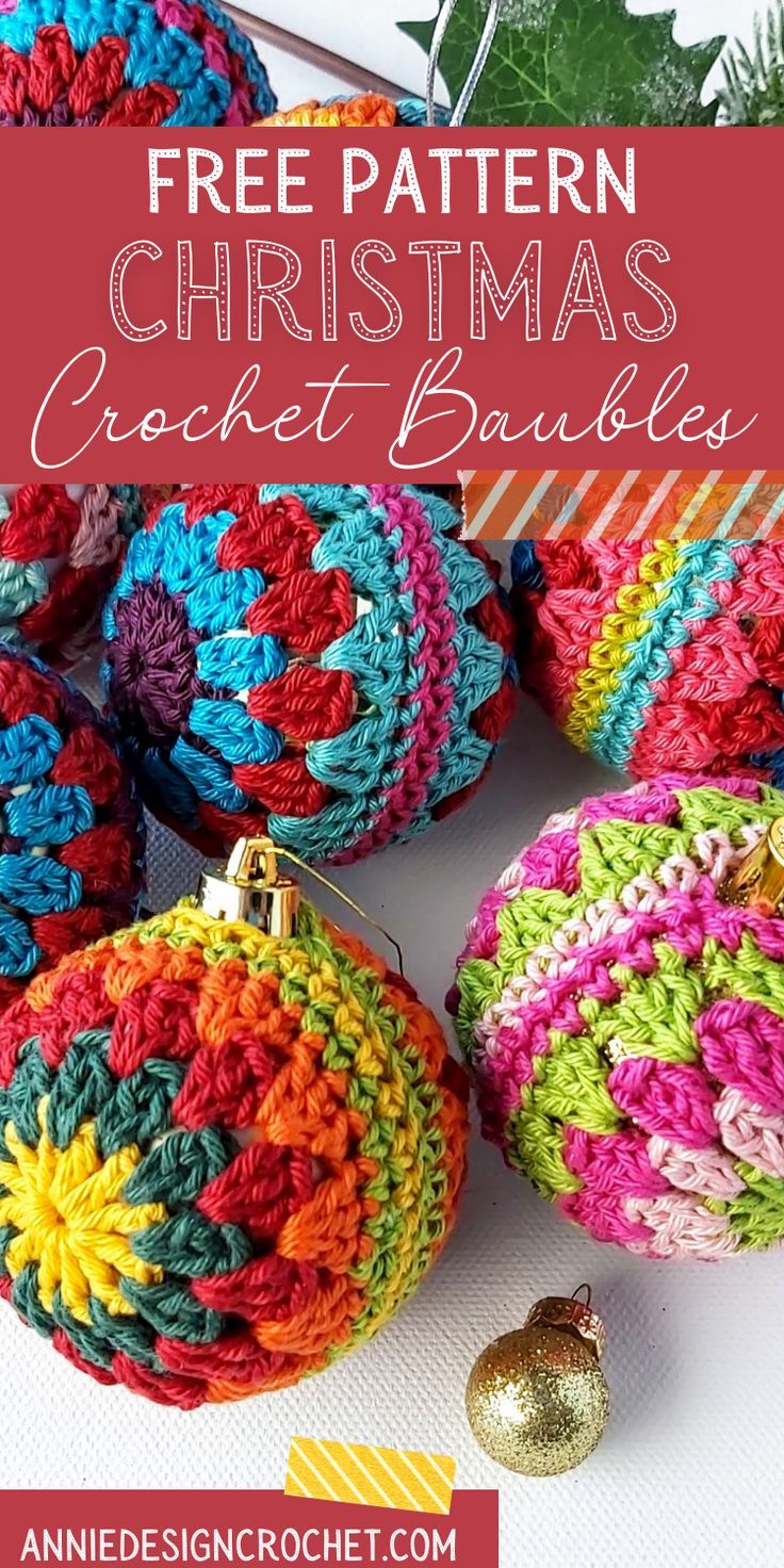 crochet christmas ornaments with text overlay that reads free pattern for christmas crochet baubles