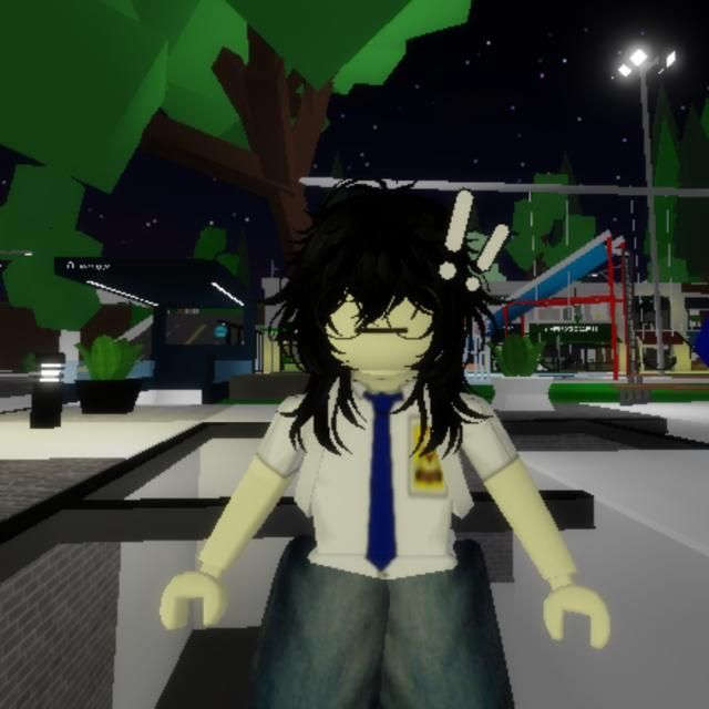 an animated image of a person with long black hair wearing a blue tie and white shirt