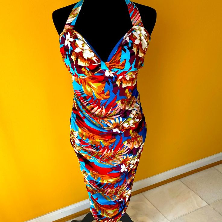 Brand New, Great Condition, Floral Halter Dress With Neck Tie Closure And Partial Back Out Detail, Back Zipper Closure, Side Ruching And Very Comfortable With Stretch Tropical Multicolor Midi Dress With Floral Print, Multicolor Floral Print Maxi Dress For Cocktail, Fitted Floral Print Midi Beachwear Dress, Tropical Multicolor Midi Dress With Vibrant Print, Fitted Tropical Print Beachwear Dresses, Fitted Tropical Print Dress For Beachwear, Fitted Multicolor Tropical Maxi Dress, Multicolor Floral Print Midi Beach Dress, Multicolor Floral Print Midi Dress For Beach