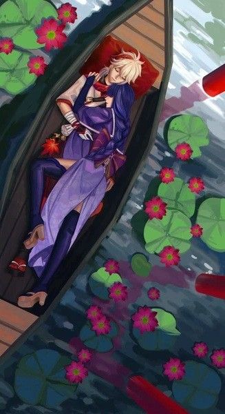 a painting of a woman in a boat floating on water with lily pads and red crayons