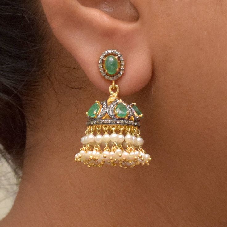 Jhumka Earrings, Dangle Earrings, Handmade Indian Ethnic Diamond Earrings, Chandelier Emerald Diamond Jhumka Earrings Jewelry, Pearl Rose Cut Earrings Jewelry Fusion Style Tilla Jhumkas Drop Earrings, Elegant Jhumkas For Diwali, Green Temple Jewelry Danglers, Kundan Fusion Dangle Jhumkas, Fusion Style Kundan Dangle Jhumkas, Fusion Style Dangle Jhumkas With Latkans, Fusion Style Dangle Jhumkas For Festivals, Fusion Style Dangle Jhumkas, Temple Jewelry Style Dangle Chandelier Earrings For Diwali