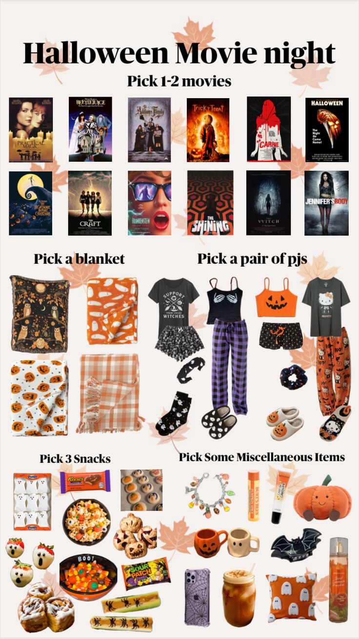 halloween movie night poster with all the items