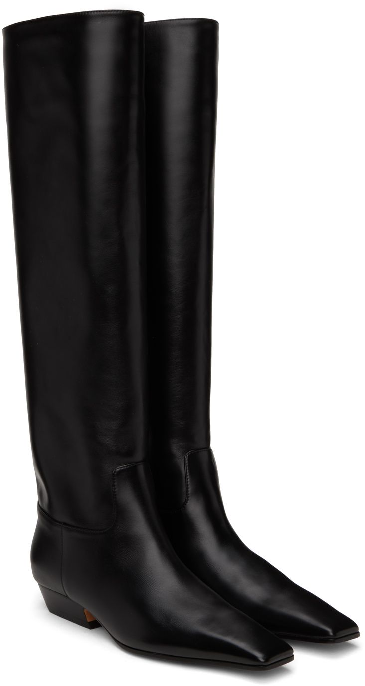 Knee-high buffed calfskin boots in black. · Square toe · Buffed leather lining · Stacked leather block heel with rubber injection · Leather sole · Heel: H1 in Supplier color: Black Leather Block Heels, Boots Knee, Black Square, Knee High Boots, Knee High, Calf Skin, Block Heels, Women Wear, Square