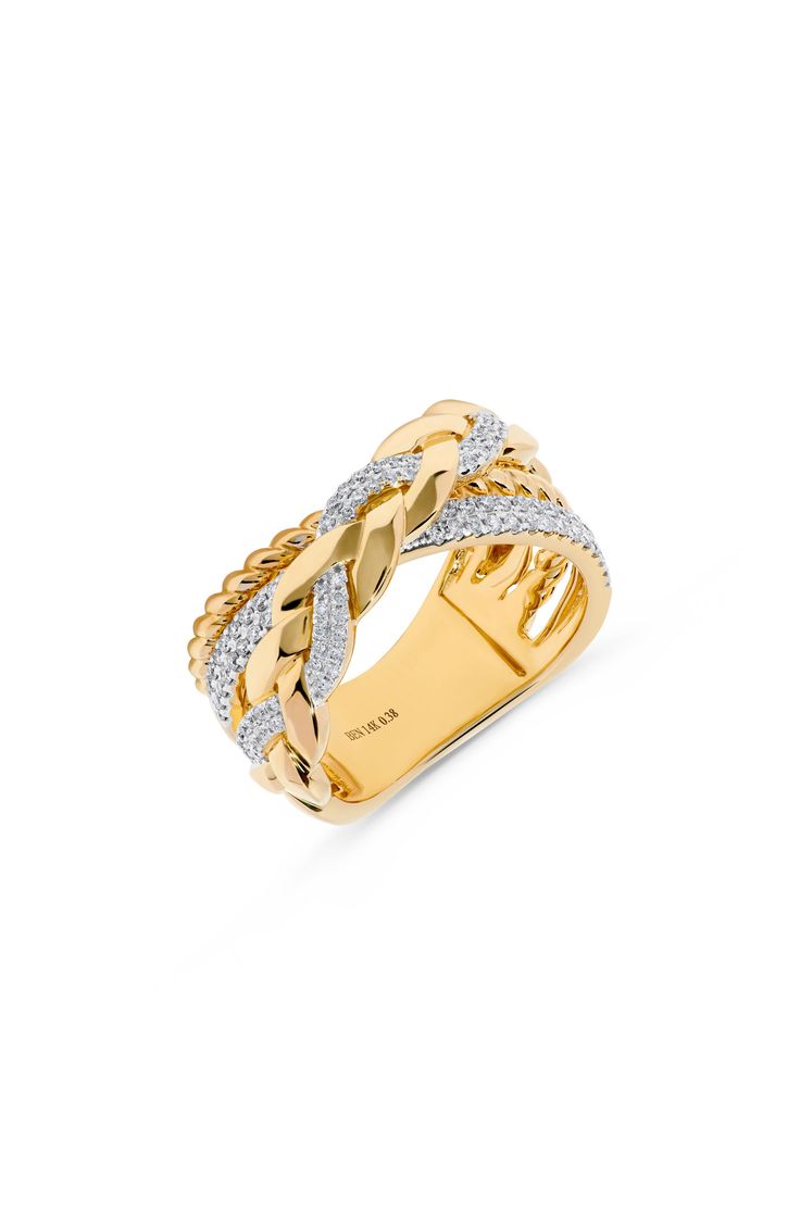 Rope and braided textures add dimensional play to a polished 14-karat-gold ring complete with round-cut diamonds for a dazzling finish. Total diamond weight: 0.37ct. Color: G–H Clarity: SI1 14k gold/diamond Imported Diamond Guide Luxury Diamond Ring With Decorative Band, Elegant Gold Rings With Interwoven Design, Yellow Gold Diamond Jewelry With Decorative Band, Yellow Gold Diamond Ring With Decorative Band, Yellow Gold Jewelry With Interwoven Design, Diamond Guide, Braided Rope, G H, Round Cut Diamond