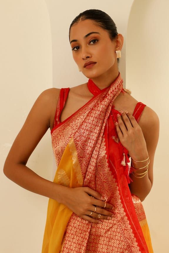 Yellow and orange ombre banarasi kora organza saree with gold toned floral garden borders and buttis detailing. Comes with an unstitched blouse piece. - Aza Fashions Unstitched Orange Pre-draped Saree For Puja, Elegant Orange Blouse For Festive Occasions, Orange Banarasi Silk Pre-draped Saree For Diwali, Festive Orange Pre-draped Saree With Zari Weaving, Elegant Festive Orange Blouse Piece, Orange Handloom Pre-draped Saree For Puja, Elegant Orange Traditional Wear With Unstitched Blouse, Traditional Orange Pre-draped Saree For Festive Occasions, Elegant Orange Blouse Piece For Diwali