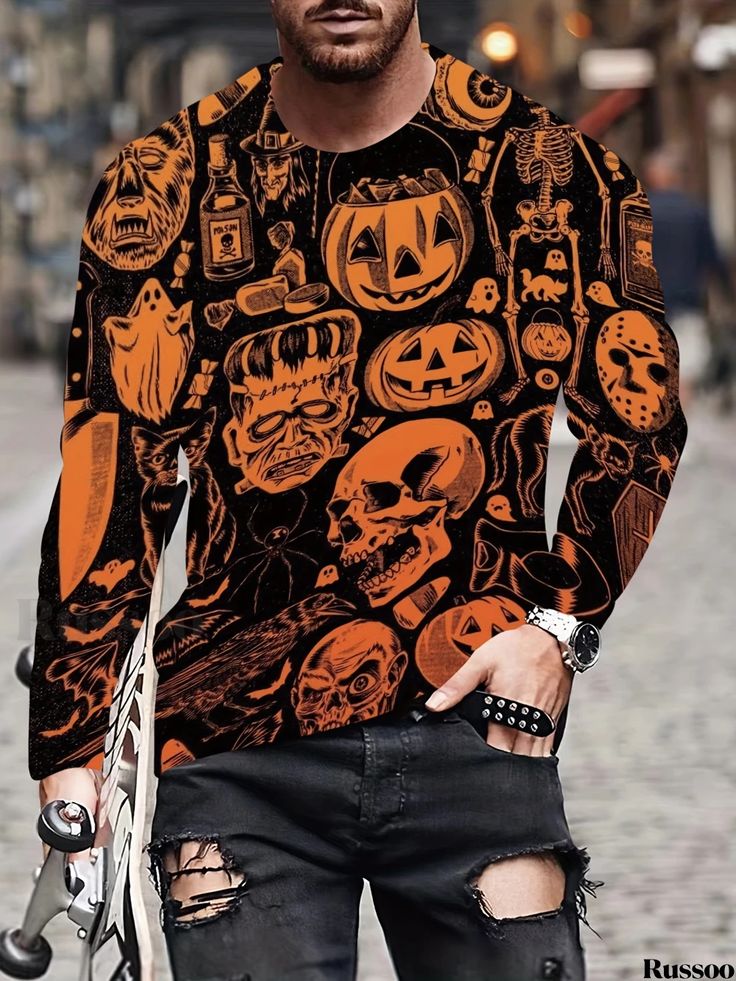 Russoo - Mens Street Long Sleeve Crew Neck T-shirt with Halloween-Inspired Anime Pattern, Perfect for Spring and Fall Seasons Novelty Long Sleeve T-shirt With Graphic Print, Halloween Streetwear Top With Graphic Print, Halloween Graphic Print Streetwear Tops, Punk Tops For Costume Party In Fall, Punk Style Fall Tops For Costume Party, Punk Tops For Fall Costume Party, Black Themed Top With Sublimation Print, Casual Halloween T-shirt With All Over Print, Halloween Punk Top With Skull Print