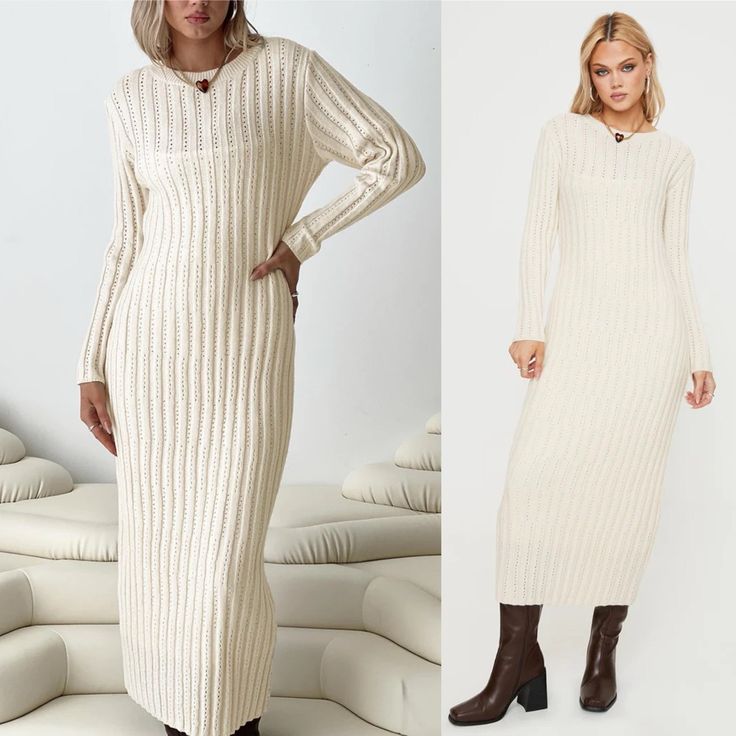 Size Small/Medium. New Without Tags. Brand Tag Has Been Removed. Long Sleeve Knit Maxi Dress Good Stretch, Unlined 52% Acyrlic & 28% Nylon 20% Polyester Cold Machine Wash White V-neck Sweater Dress For Winter, White Knitted V-neck Dress, White Long Knitted Sweater Dress, White Knitted Long Sweater Dress, White Ribbed Sweater Dress For Winter, White Long Sleeve Sweater Dress For Winter, White Ribbed Knit Sweater Dress, White Ribbed Winter Dress, Elegant Long White Sweater Dress