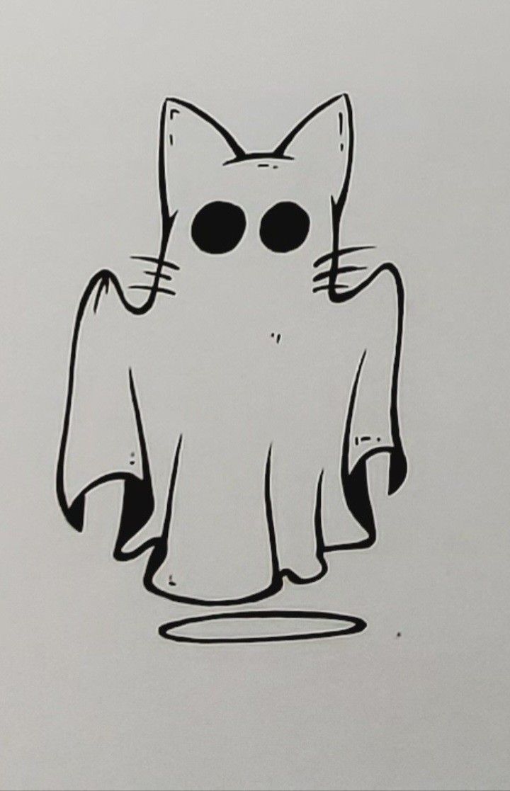 a black and white drawing of a cat with big eyes on it's chest