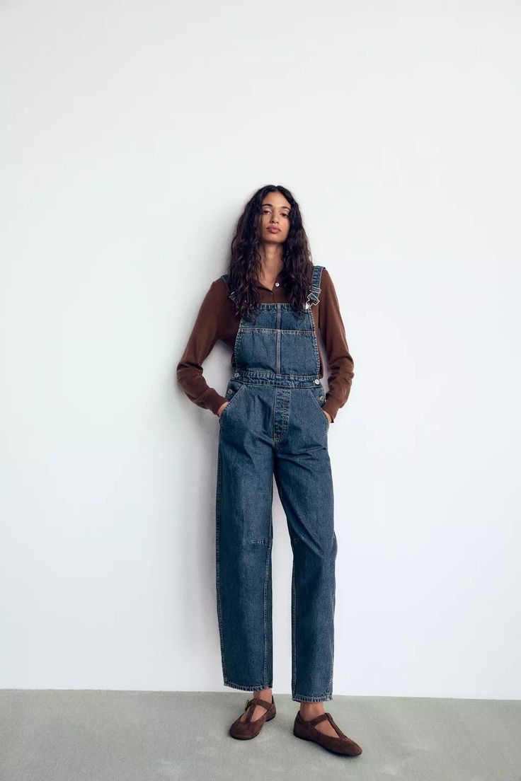 LONG TRF BAGGY DENIM JUMPSUIT - Navy blue | ZARA United States Fall Shortalls With Bib Front And Pockets, Fall Shortalls Overalls With Pockets, Utility Overalls With Patch Pockets For Fall, Denim Overalls With Pockets, Fall Medium Wash Bib Front Denim Jumpsuit, Dark Wash Utility Denim Jumpsuit With Bib Front, Utility Style Dark Wash Denim Jumpsuit With Bib Front, Casual Shortalls For Workwear In Fall, Casual Fall Workwear Shortalls