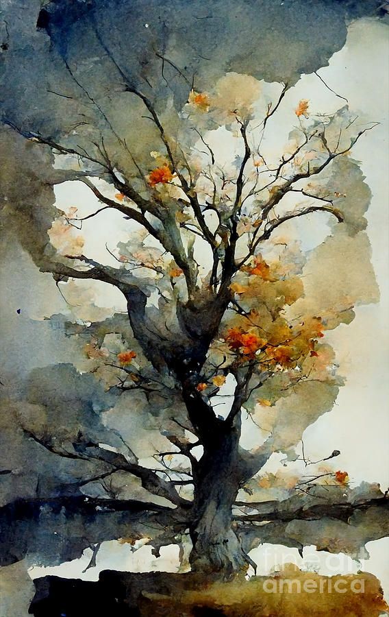 a watercolor painting of a tree with orange leaves