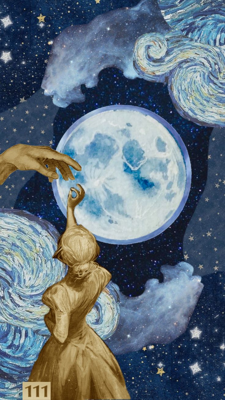 a painting of two people reaching for the moon with stars and clouds in the background