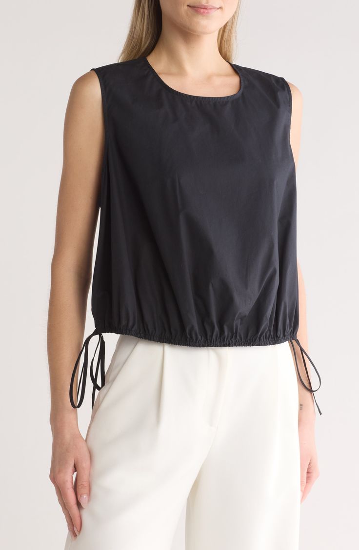 Show off casual-chic style in this cotton poplin top fashioned in a sleeveless silhouette a trendy side-tie hem. Back keyhole with button-and-loop closure Jewel neck Sleeveless Elastic waist with side ties 100% cotton Machine wash, line dry Imported Chic Cotton Blouse With Tie Back, Sleeveless Tops With Drawstring Tie, Black Sleeveless Top With Drawstring, Chic Sleeveless Cotton Blouse, Summer Daywear Tops With Drawstring, Summer Cotton Blouse With Drawstring Tie, Summer Tops With Drawstring For Daywear, Spring Cotton Drawstring Tank Top, Summer Tops With Drawstring