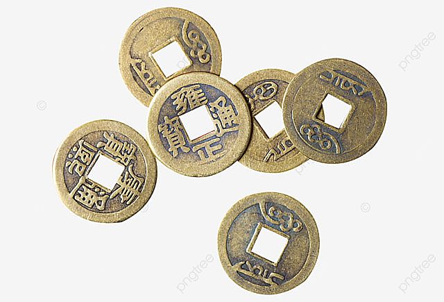 five brass coins with chinese writing on them, all in different shapes and sizes are shown