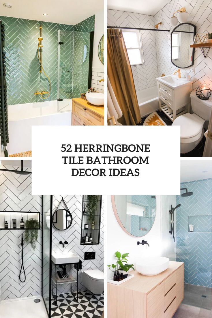 bathroom tile designs with text overlay that reads, 22 herringbone tile bathroom decor ideas