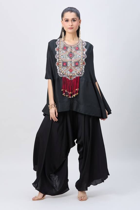 Black cape with boho embellished yoke with tassel details. Comes with solid satin pant. - Aza Fashions Satin Pant, Black Cape, Satin Pants, Dupion Silk, Pants Pattern, Pant Set, Set For Women, Aza Fashion, Fashion Set