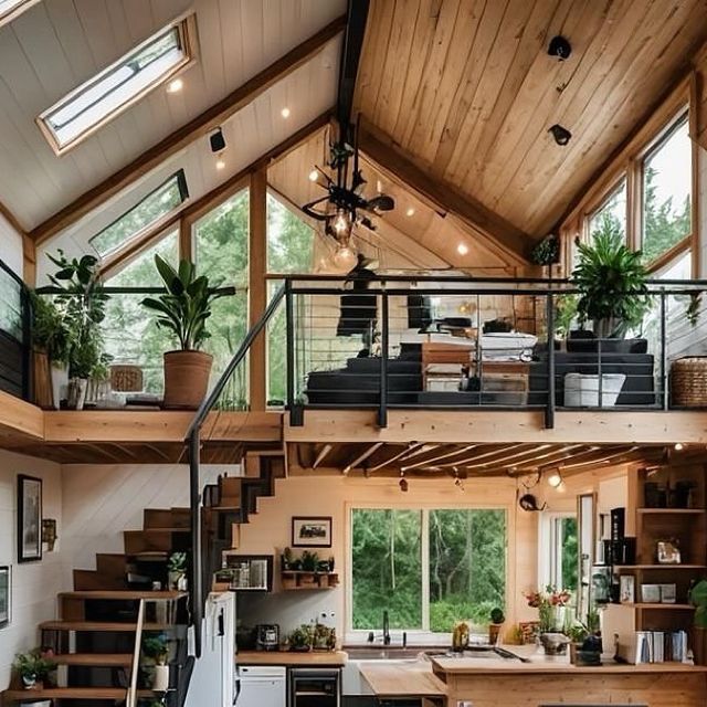 a kitchen and living room in a small house with stairs leading up to the second floor