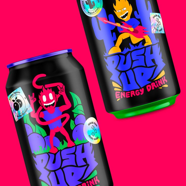 two cans of energy drink with cartoon characters on the front and back covers, against a pink background