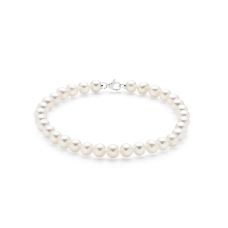 Discover the classic beauty of this elegant freshwater pearl bracelet, adorned with 5mm natural pearls and an 18K white gold lobster clasp. The slightly larger pearls offer a more pronounced statement while maintaining a timeless look that suits any style. Whether worn alone or stacked with other bracelets, this piece enhances your ensemble with its graceful charm. The high-quality white gold clasp ensures durability and security, making it a perfect choice for everyday wear or special occasions Timeless Formal Bracelet With Pearl Chain, Timeless White Gold Pearl Bracelet For Anniversary, Timeless Formal Pearl Chain Bracelet, Formal Single Strand Akoya Pearl Bracelet, Timeless Pearl Bracelets For Formal Occasions, Formal White Gold Bracelets With Pearl Chain, Timeless White Gold Pearl Bracelet For Wedding, Timeless White Gold Pearl Bracelet, Formal Akoya Pearl Bracelet With Pearl Drop